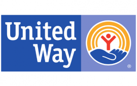 blue field, United Way, with a blue hand holding a red abstract person under a yellow arch