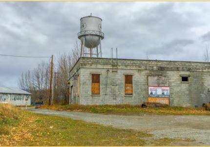 old concrete block with for sale sign and palmer water tower