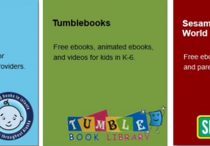 blue box with blue baby, green box with tumblebooks logo, red box with sesame st logo