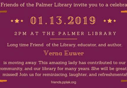 Invitation to the moving party for Verna Euwer hosted by Friends of the Palmer Library