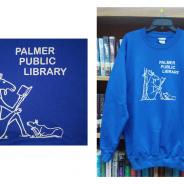 jewel blue sweatshirt with moose reading a book logo