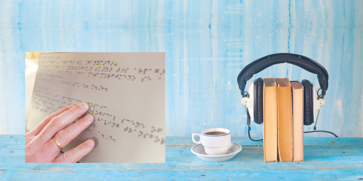 blue room with hand reading braille, coffee cup, and headphones over books