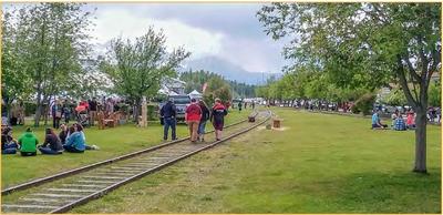 People walking and picnicking in a park with green grass, trees, and out of service railroad tracks