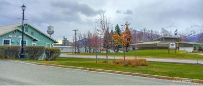 old train depot building and public library building with green grass and a cloudy sky.