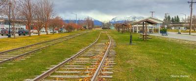retired train tracks surrounded by grass. 
